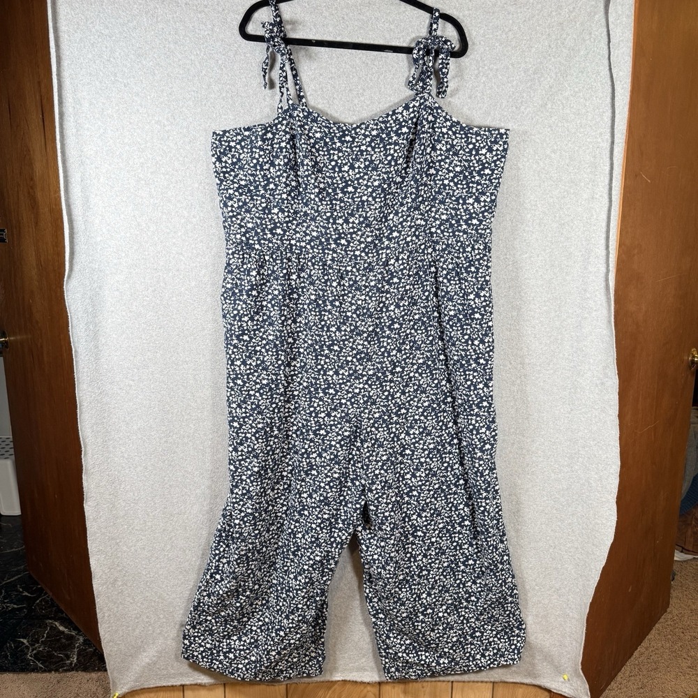Old navy linen jumpsuit womens 3X blue floral wide leg